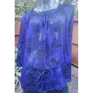 Faded Glory Woman’s Tops Sz XL Sheer 3 button Drawstring Waist Blue and black